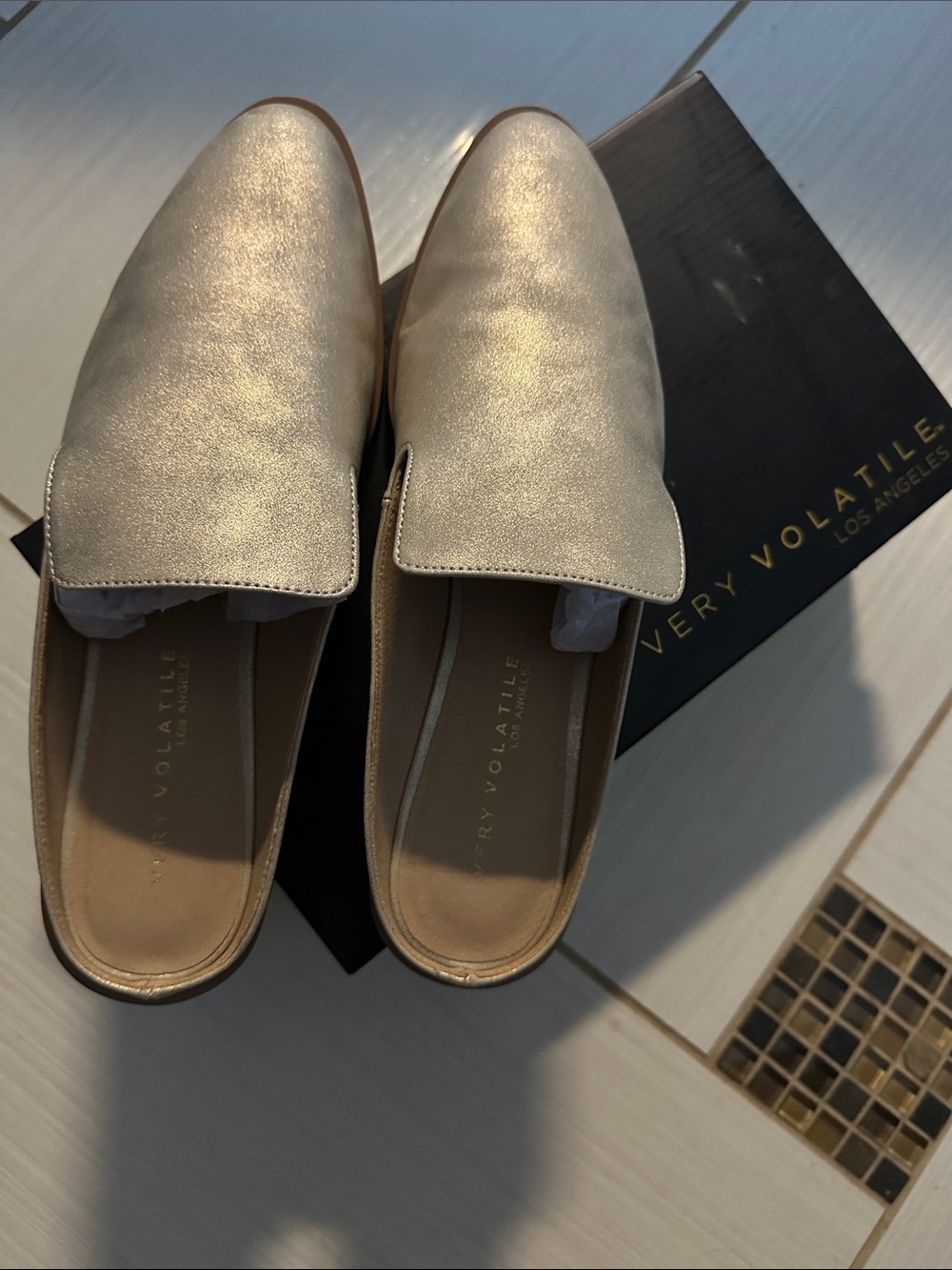Very Volatile Metallic Champagne Backless Slip-On Mules